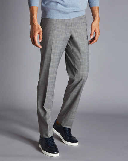 Wool Blend Stretch Check Trousers - Light Grey