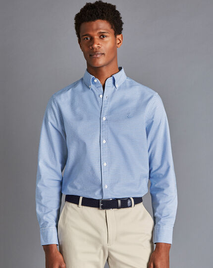 Vorgewaschenes Oxfordhemd mit Button-down-Kragen und Streifen - Kornblumenblau
