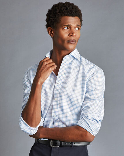 Spread collar Non-Iron Richmond Weave Check Shirt - Cornflower Blue