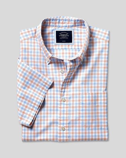 Button-Down Collar Non-Iron Stretch Poplin Gingham Short Sleeve Shirt - Orange & Blue