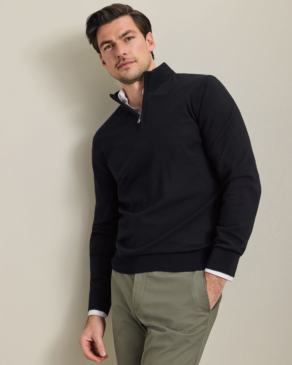 Pure Merino Quarter Zip Sweater - Black