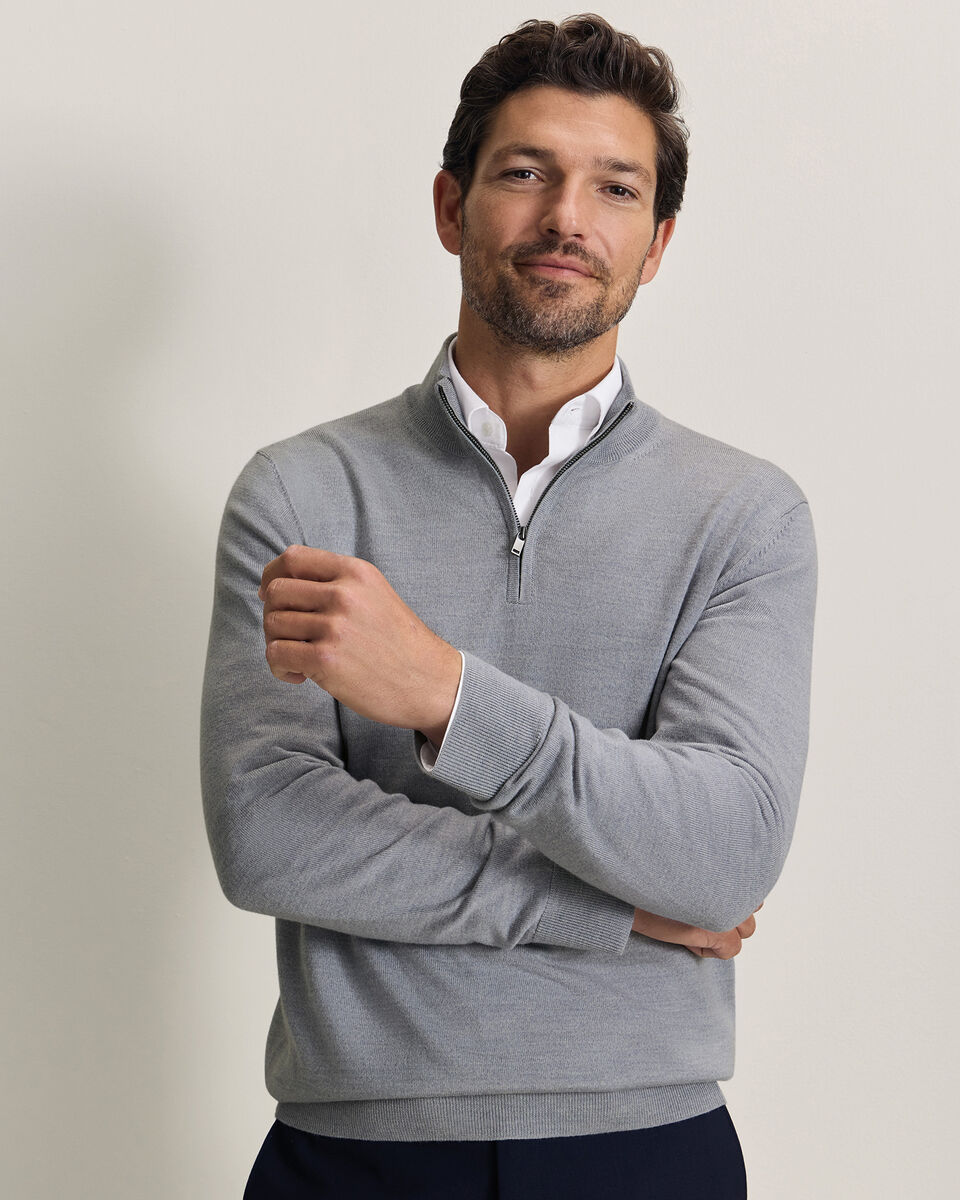 Pure Merino Quarter Zip Sweater - Light Gray