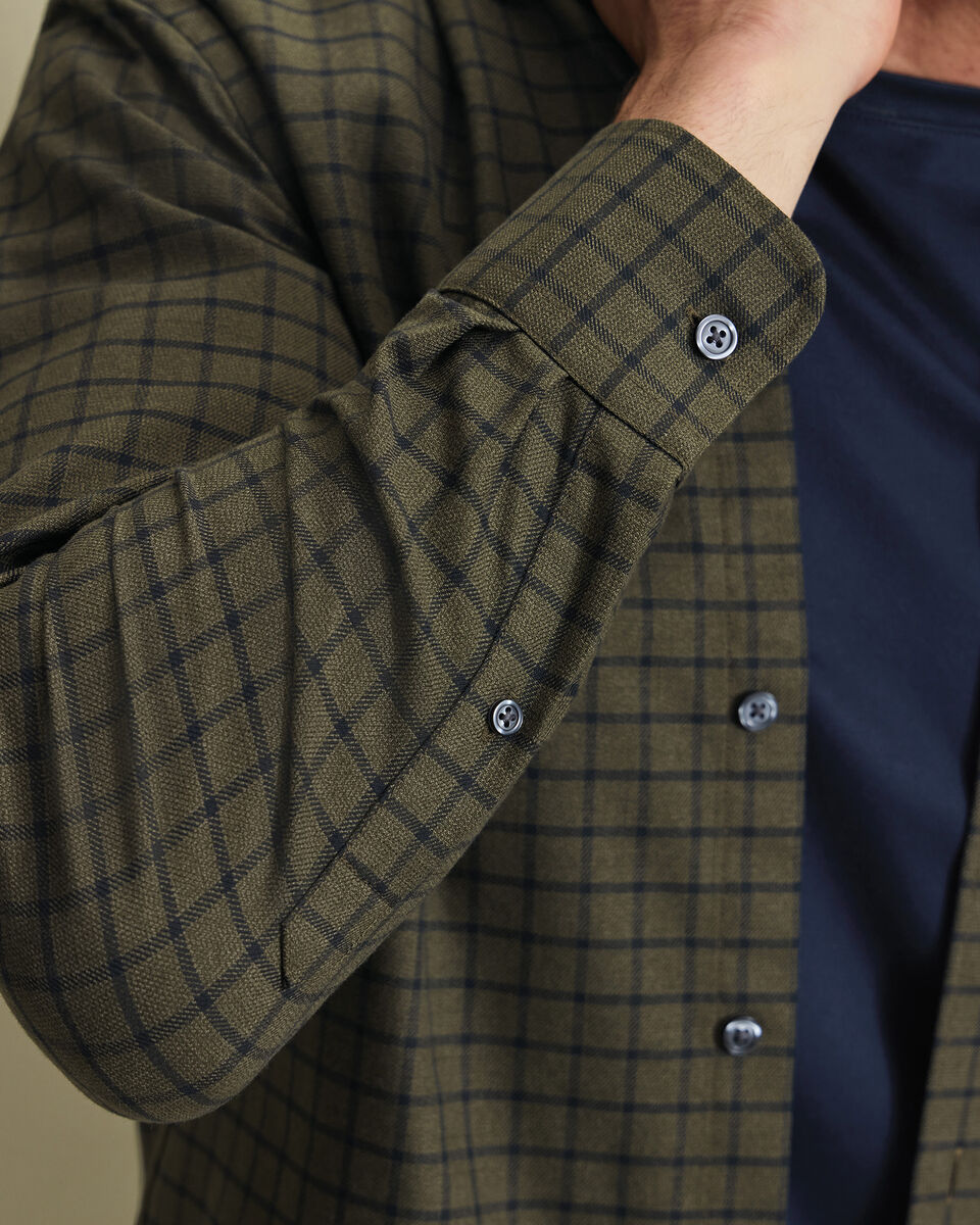 Non-Iron Twill Check Shirt - Olive Green