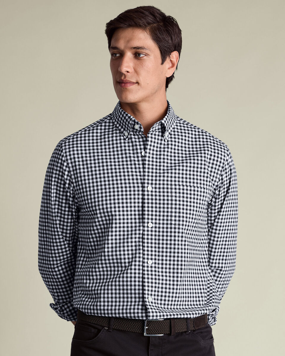 Popeline-Hemd mit Stretch, Button-down-Kragen und Gingham-Karos&nbsp;- Tiefblau