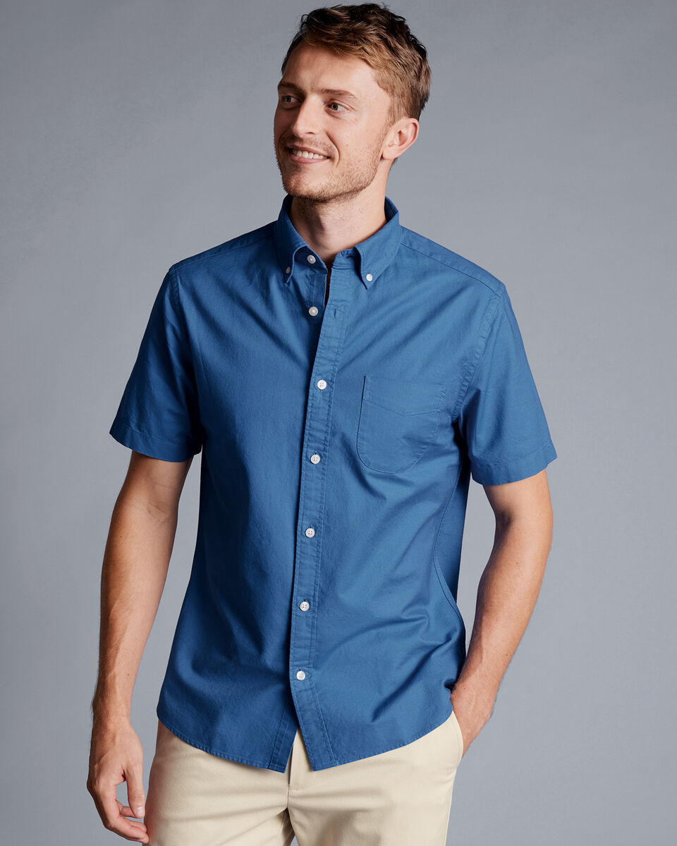 Button-Down Collar Washed Oxford Short Sleeve Shirt - Ocean Blue ...