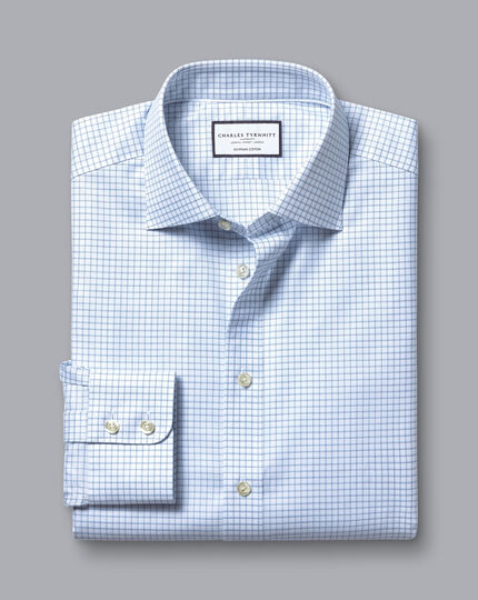 Semi-Spread Collar Egyptian Cotton Check Shirt - Ocean Blue