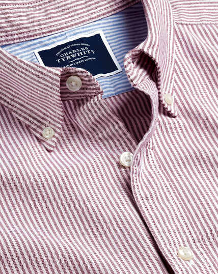 Button-Down Collar Washed Oxford Stripe Shirt - Red & White