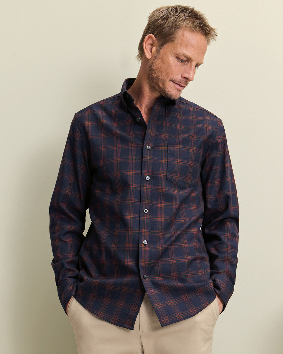 Non-Iron Twill Check Shirt - Navy & Amber