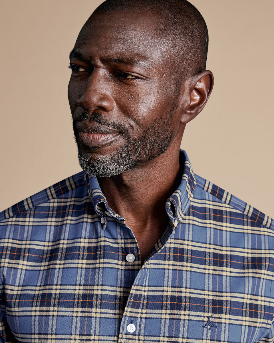 Button-Down Collar Brushed Washed Oxford Overcheck Shirt - Indigo Blue