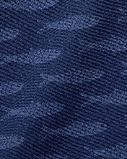 Button-Down Collar Non-Iron Stretch Poplin Fish Print Short Sleeve Shirt - Navy