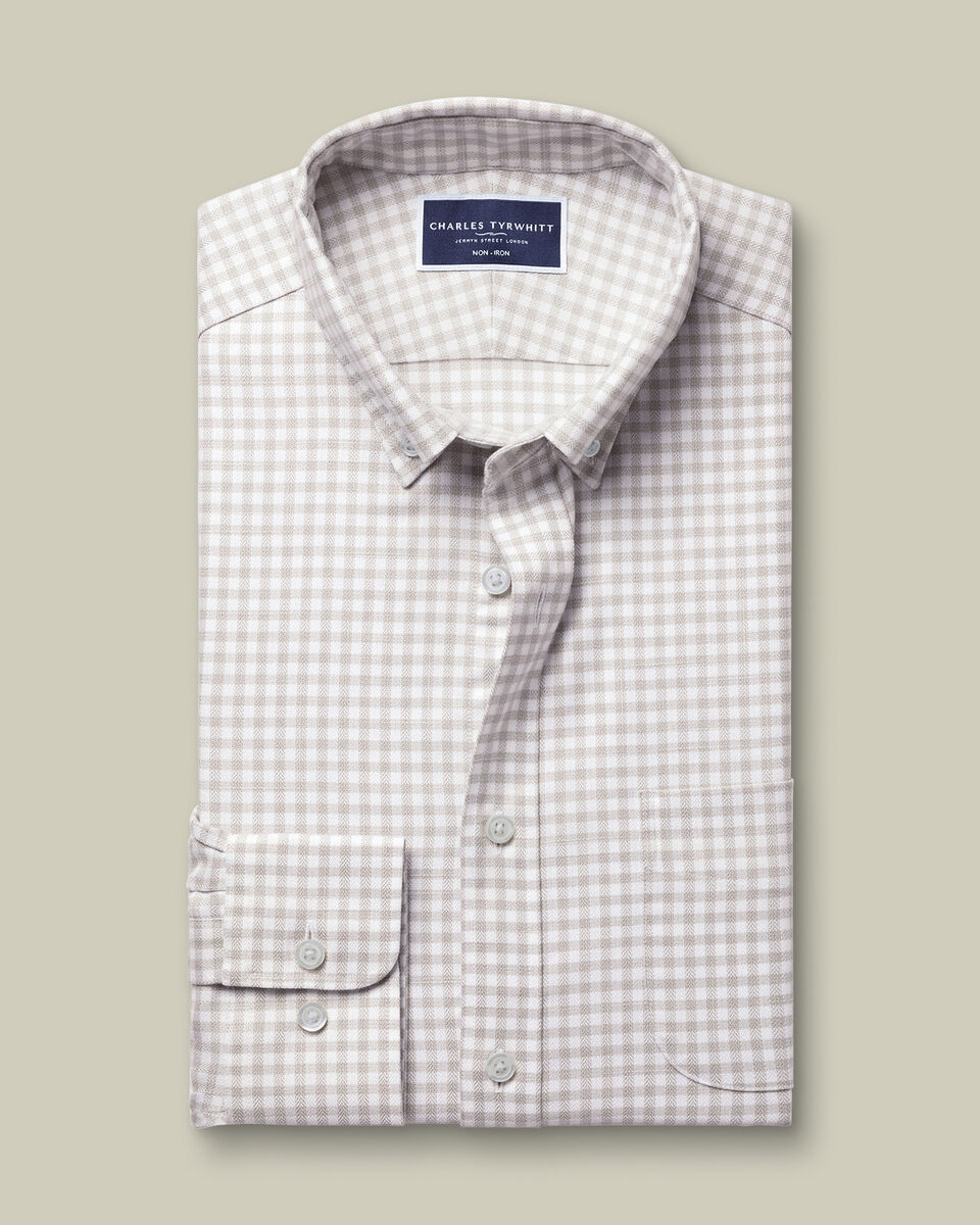 Niet Strijken Twill Gingham Overhemd - Zilvergrijs