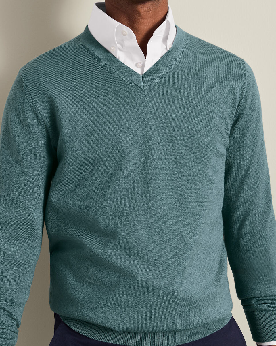 Pure Merino V-Neck Jumper - Teal Green