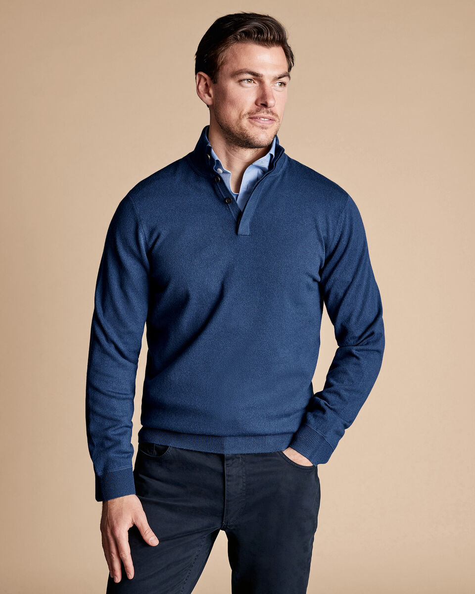 Merino Cashmere Button Neck Sweater - Indigo | Charles Tyrwhitt