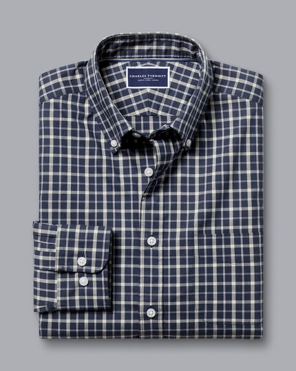 Button-Down Collar Non-Iron Stretch Poplin Check Shirt - Navy