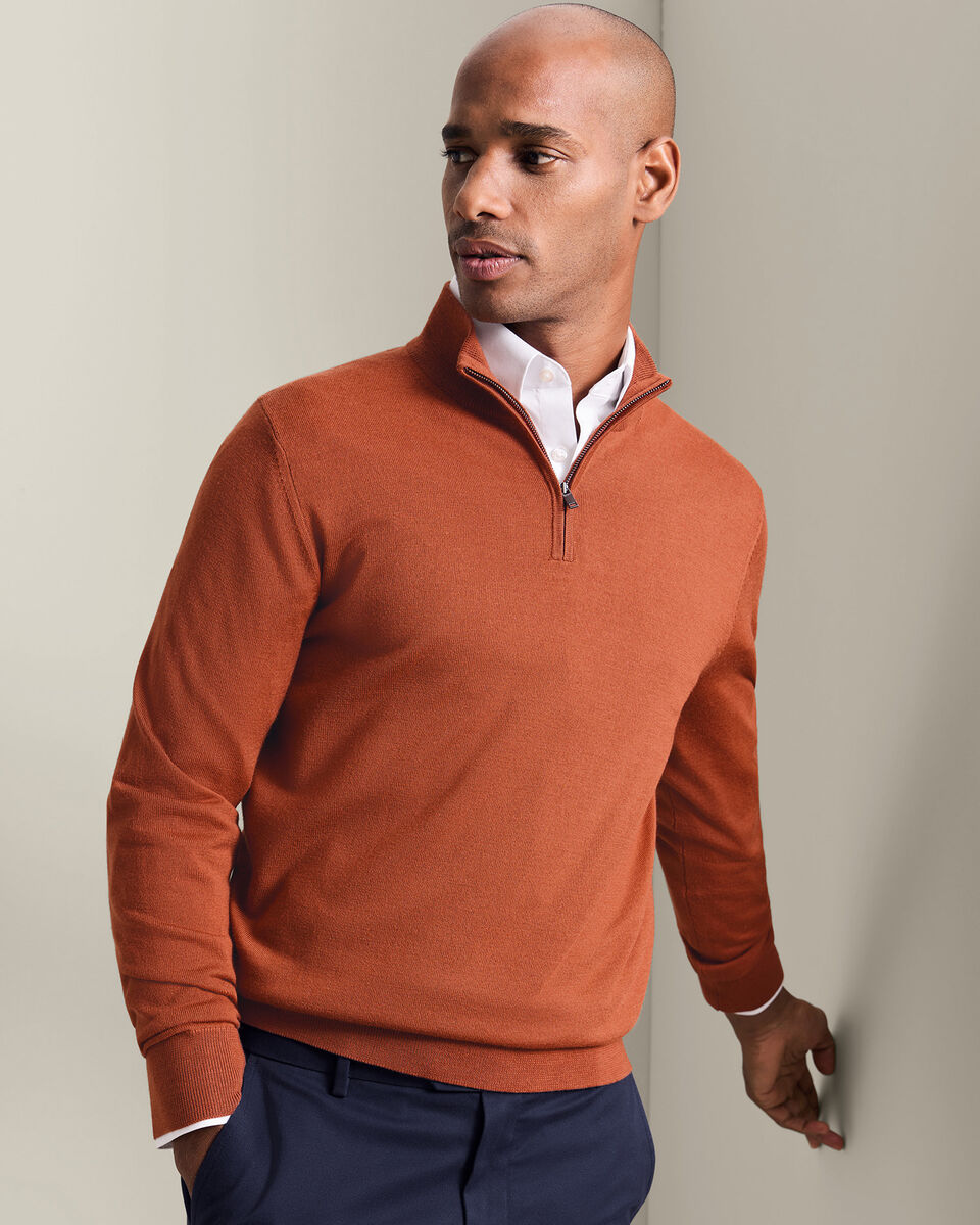 Pure Merino Quarter Zip Jumper - Orange