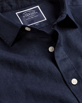 Pure Linen Short Sleeve Shirt  - Navy