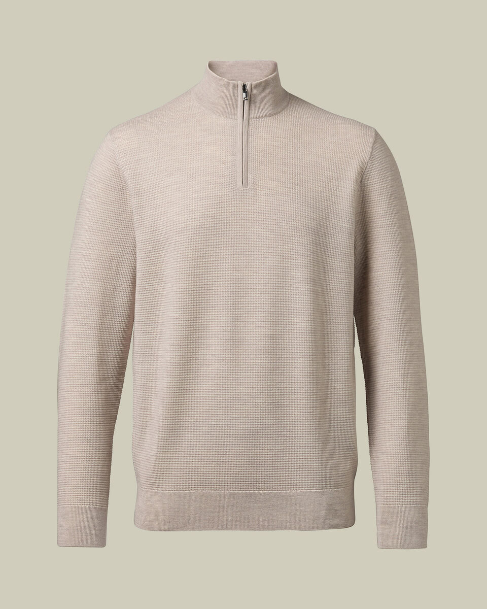 Pure Merino Textured Zip Neck Sweater - Limestone