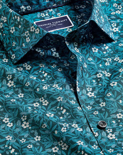 Made with Liberty Fabric Semi-Spread Collar Floral Print Shirt - Atlantic Green