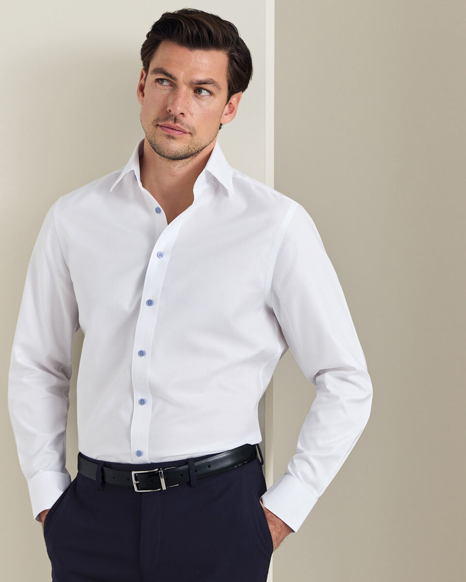 Non-Iron Twill with Contrast Buttons Shirt - White
