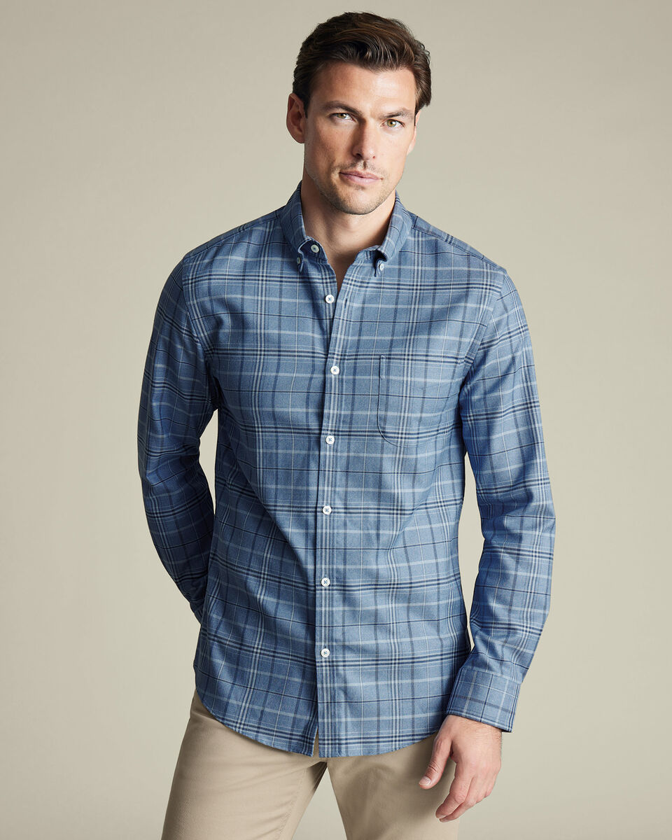 Chemise en serg&eacute; &agrave; carreaux &eacute;cossais sans repassage - Bleu indigo