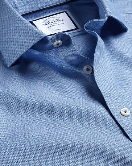 Spread Collar Non-Iron Henley Weave Shirt - Ocean Blue
