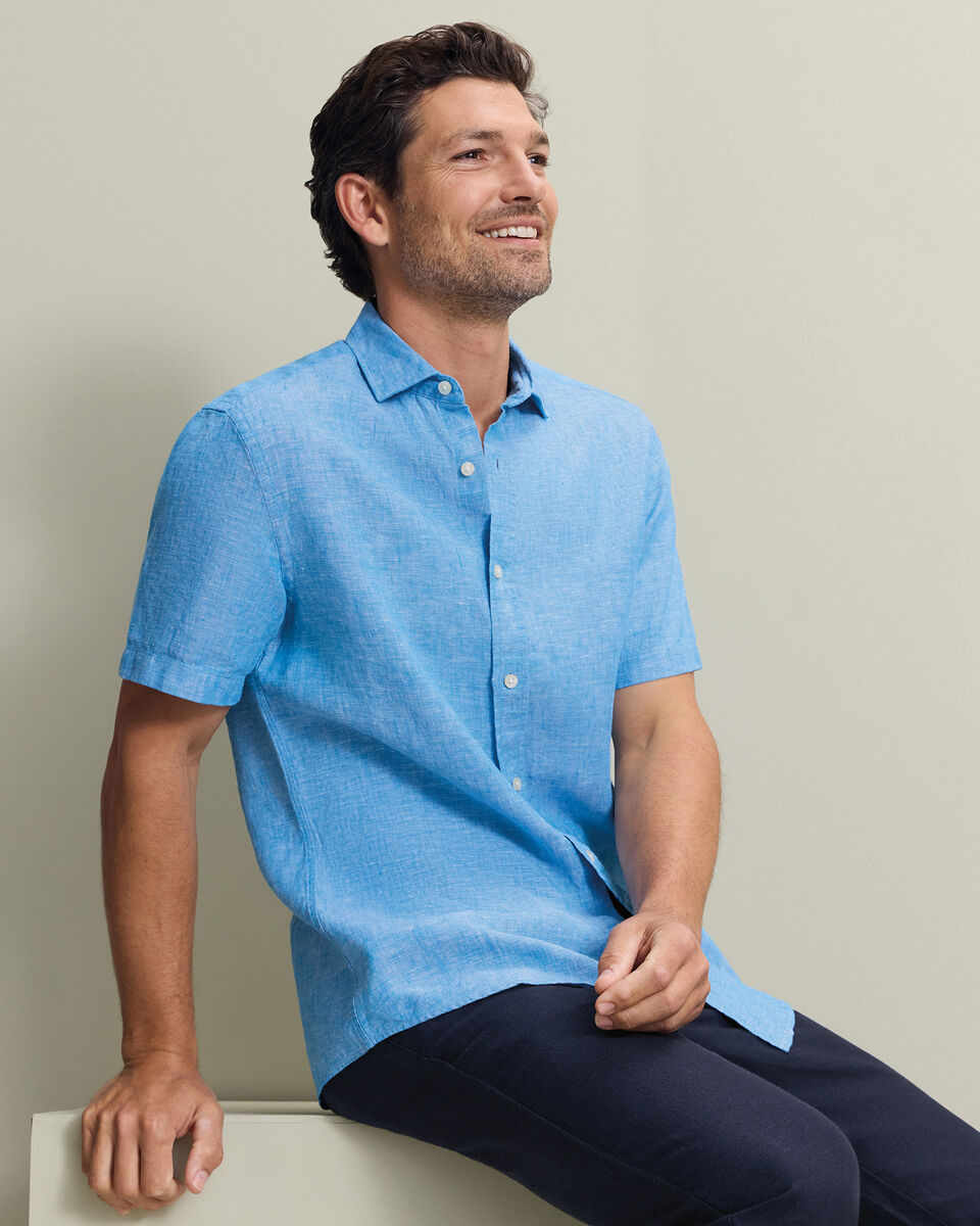 Chemise en lin &agrave; manches courtes &ndash; Bleu Oc&eacute;an