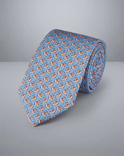 If Pigs Could Fly Motif Print Silk Tie - Sky Blue