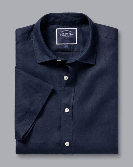 Pure Linen Short Sleeve Shirt  - Navy