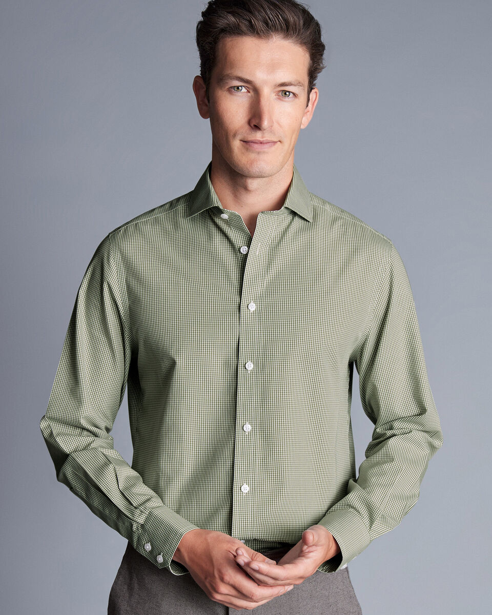 Spread Collar NonIron Mini Gingham Check Shirt Olive Green Charles