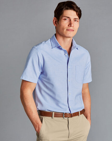 Cotton Linen Oxford Short Sleeve Shirt - Cornflower Blue