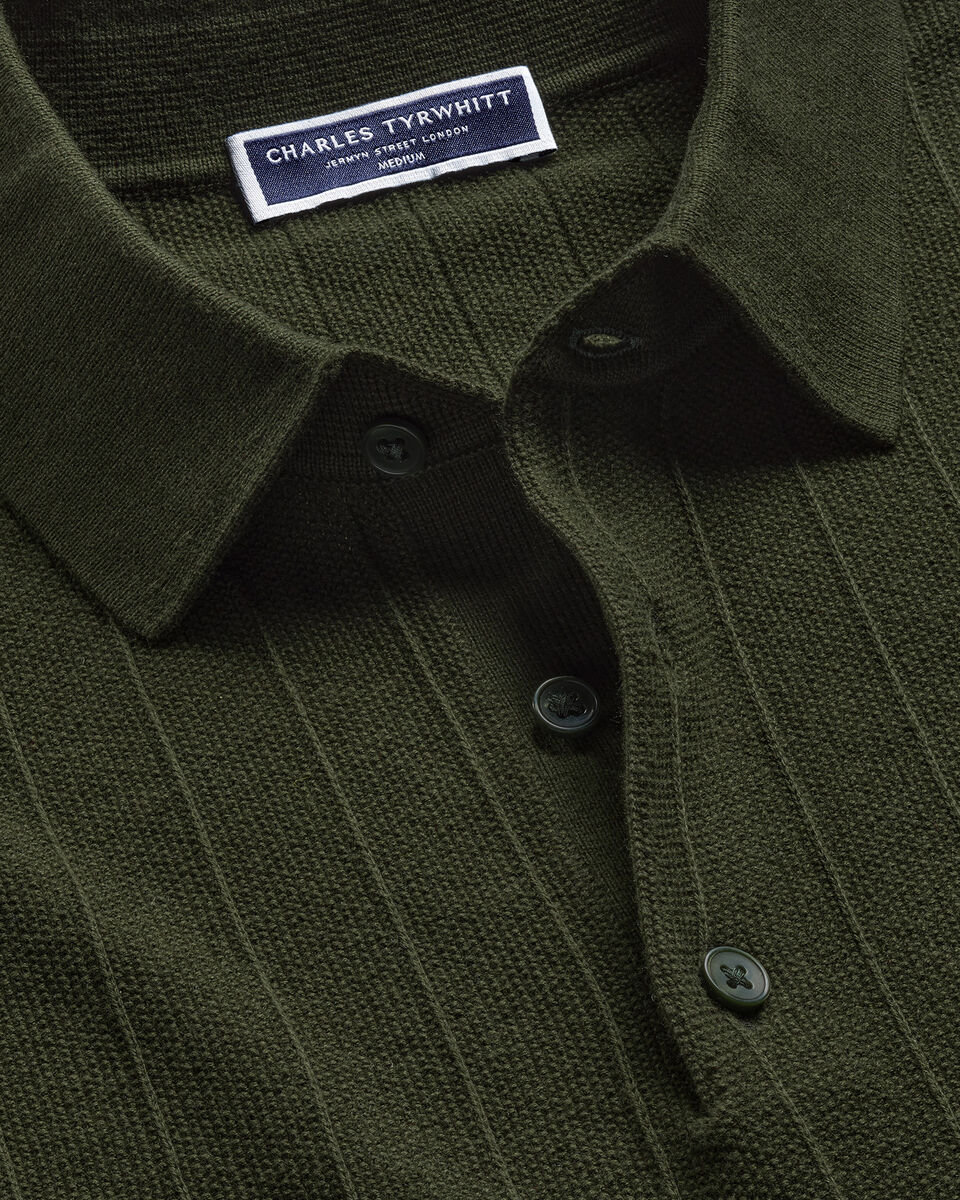 Cotton Stripe Textured Knitted Polo - Olive Green