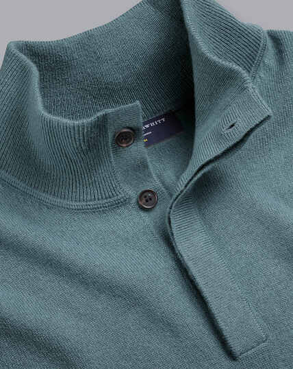 Merino Cashmere Button Neck Sweater - Pale Teal Green