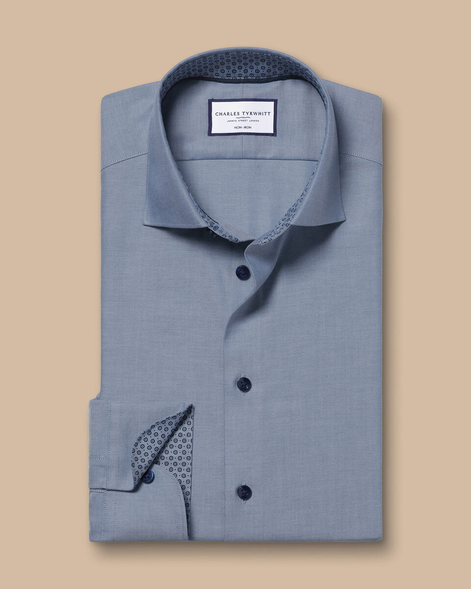 Semi-Cutaway Collar Non-Iron Twill Shirt with Printed Trim - Steel Blue