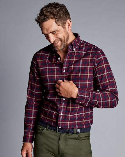 Button-Down Collar Brushed Washed Oxford Check Shirt - Dark Red