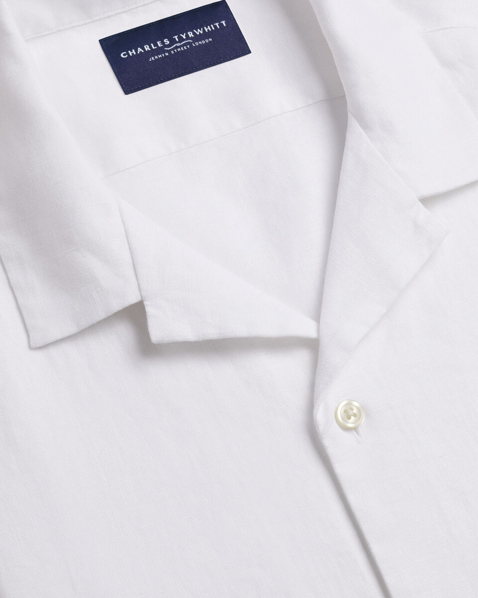 Chemise en pur lin &agrave; col tailleur et manches courtes - Blanc
