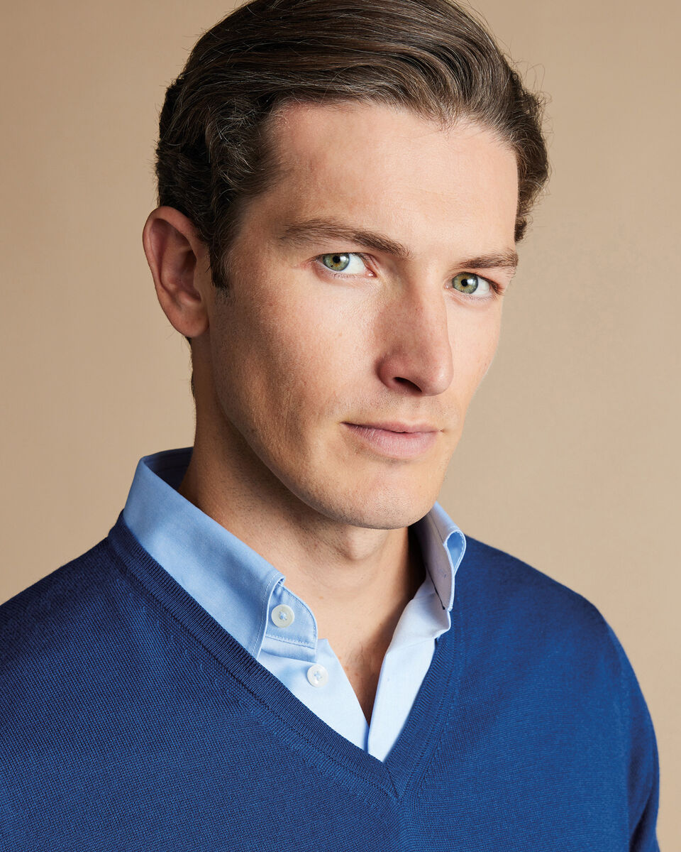 Merino VNeck Sweater Ocean Blue Charles Tyrwhitt