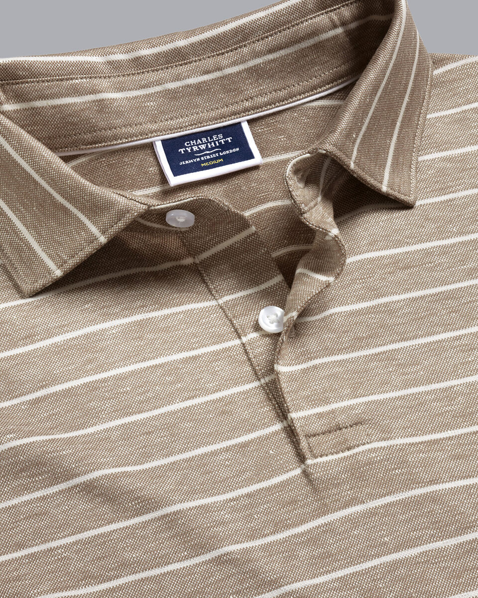 Linen Cotton Stripe Polo - Mocha | Charles Tyrwhitt