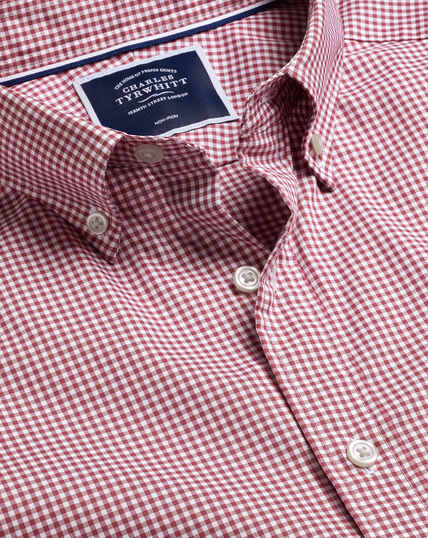 Button-Down Collar Non-Iron Stretch Mini Gingham Short Sleeve Shirt - Cherry Pink