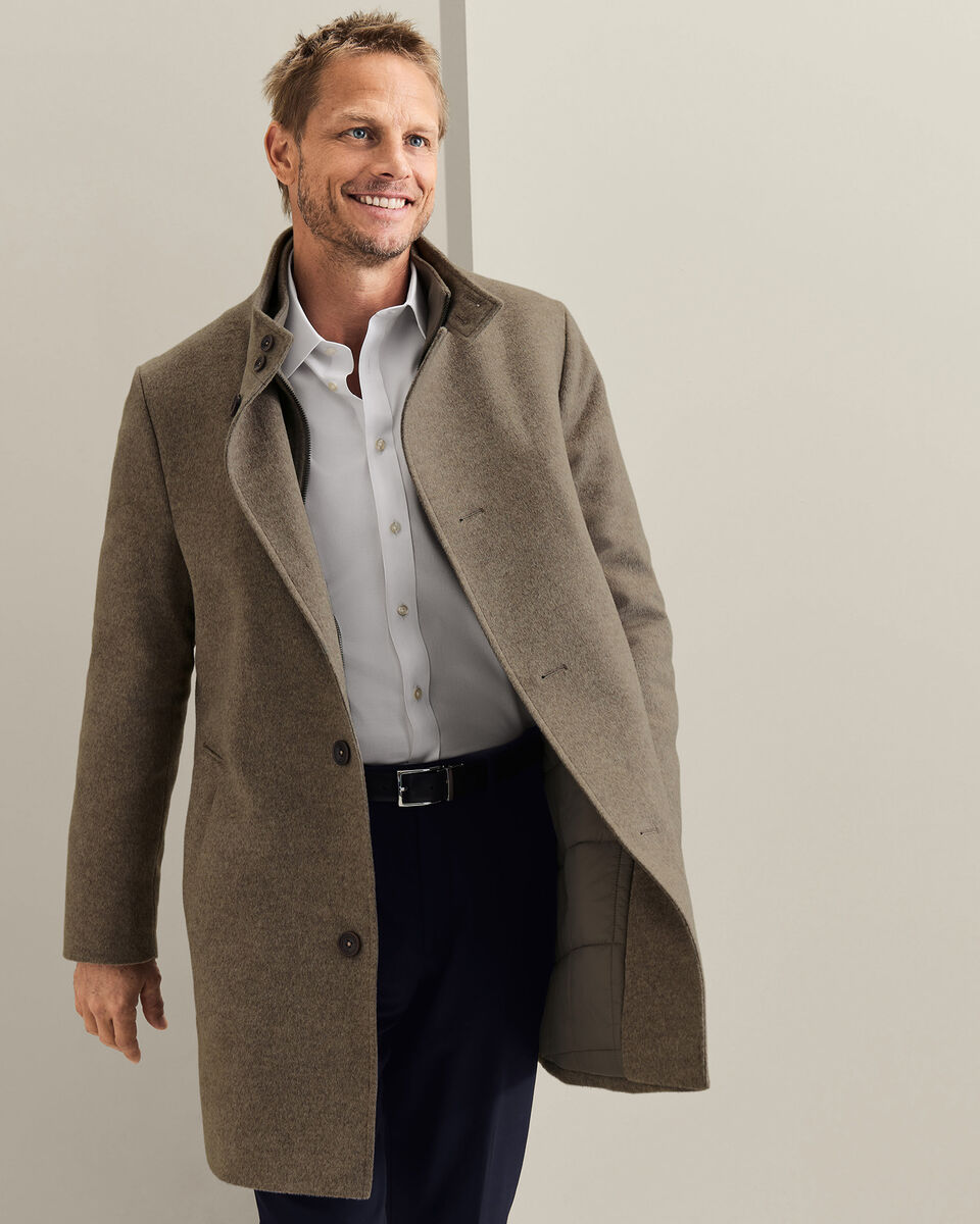 Fine Merino Wool Funnel Neck Overcoat - Oatmeal
