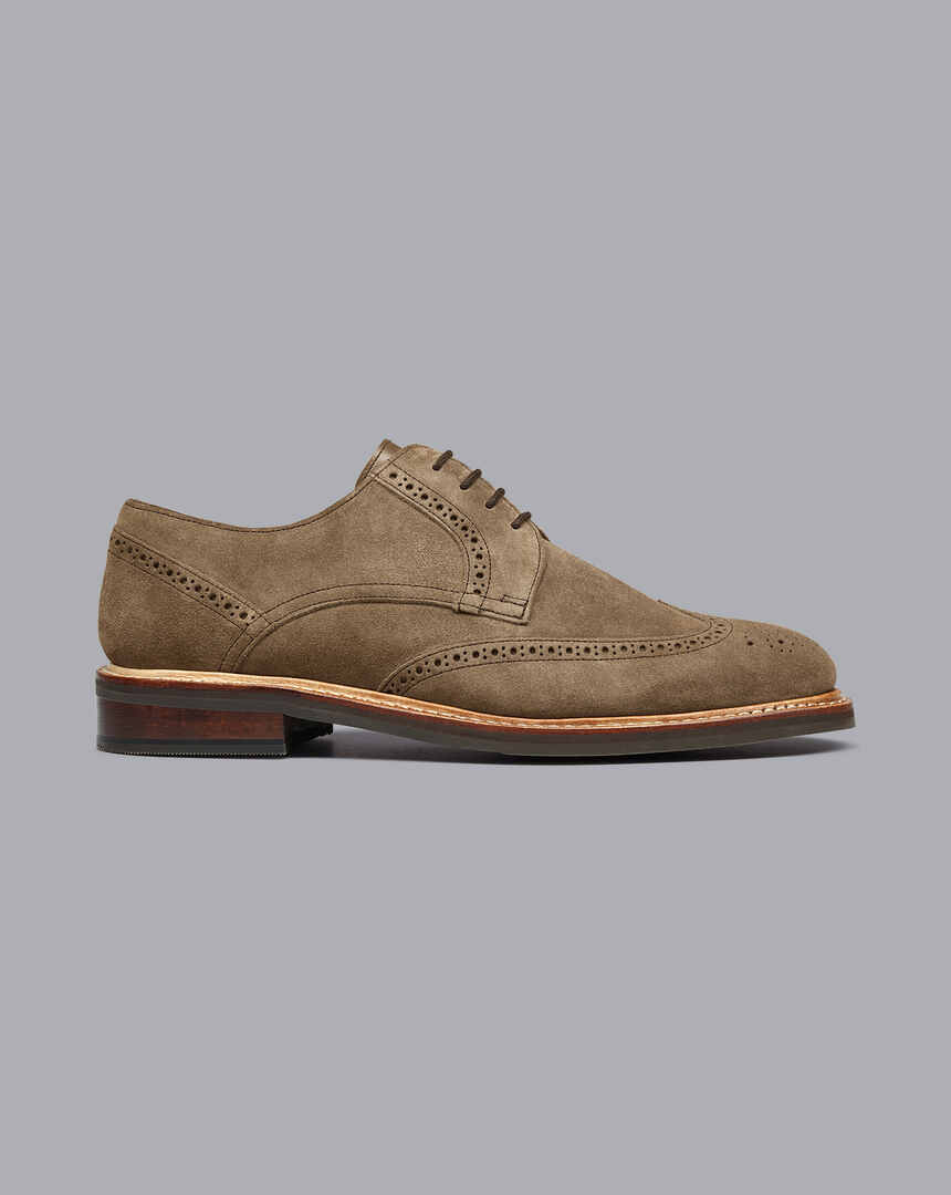 Rubber Sole Suede Derby Brogue Shoes - Taupe