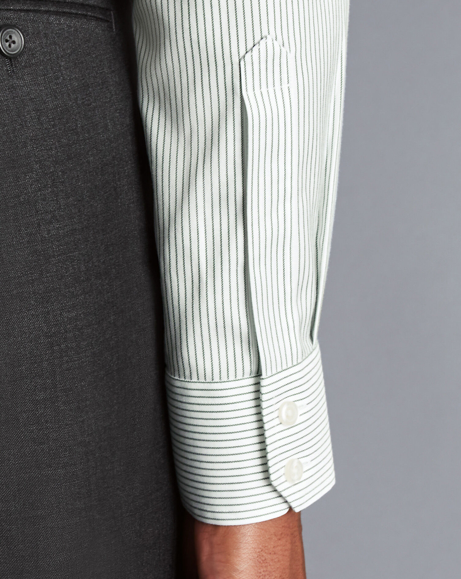Spread Collar Non-Iron Twill Stripe Shirt - Olive Green | Charles