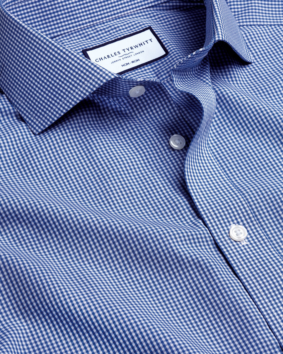Cutaway Collar Non-Iron Poplin Mini Gingham Check Shirt - Cobalt Blue ...