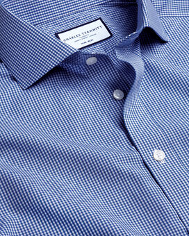Spread Collar Non-Iron Poplin Mini Gingham Check Shirt - Cobalt Blue