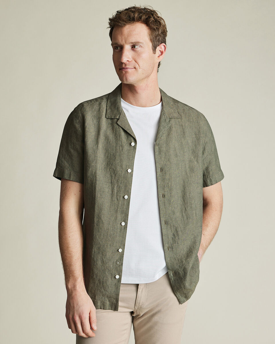 Revere Pure Linen Short Sleeve Shirt - Olive Green