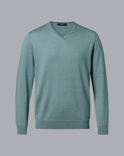 Pure Merino V-Neck Sweater - Pale Teal Green