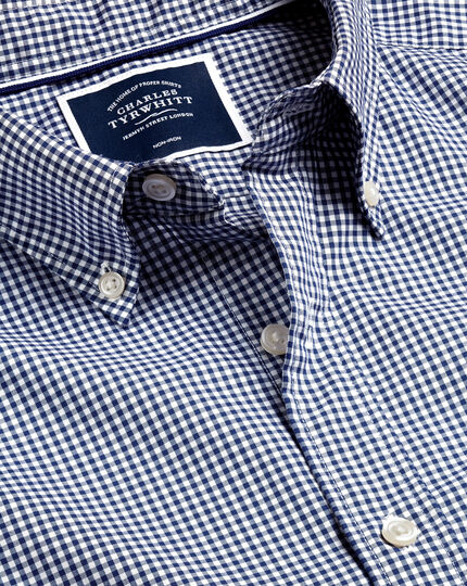 Bügelfreies Popeline-Hemd aus Stretchgewebe mit Button-down-Kragen und Mini-Gingham-Karos - Marineblau