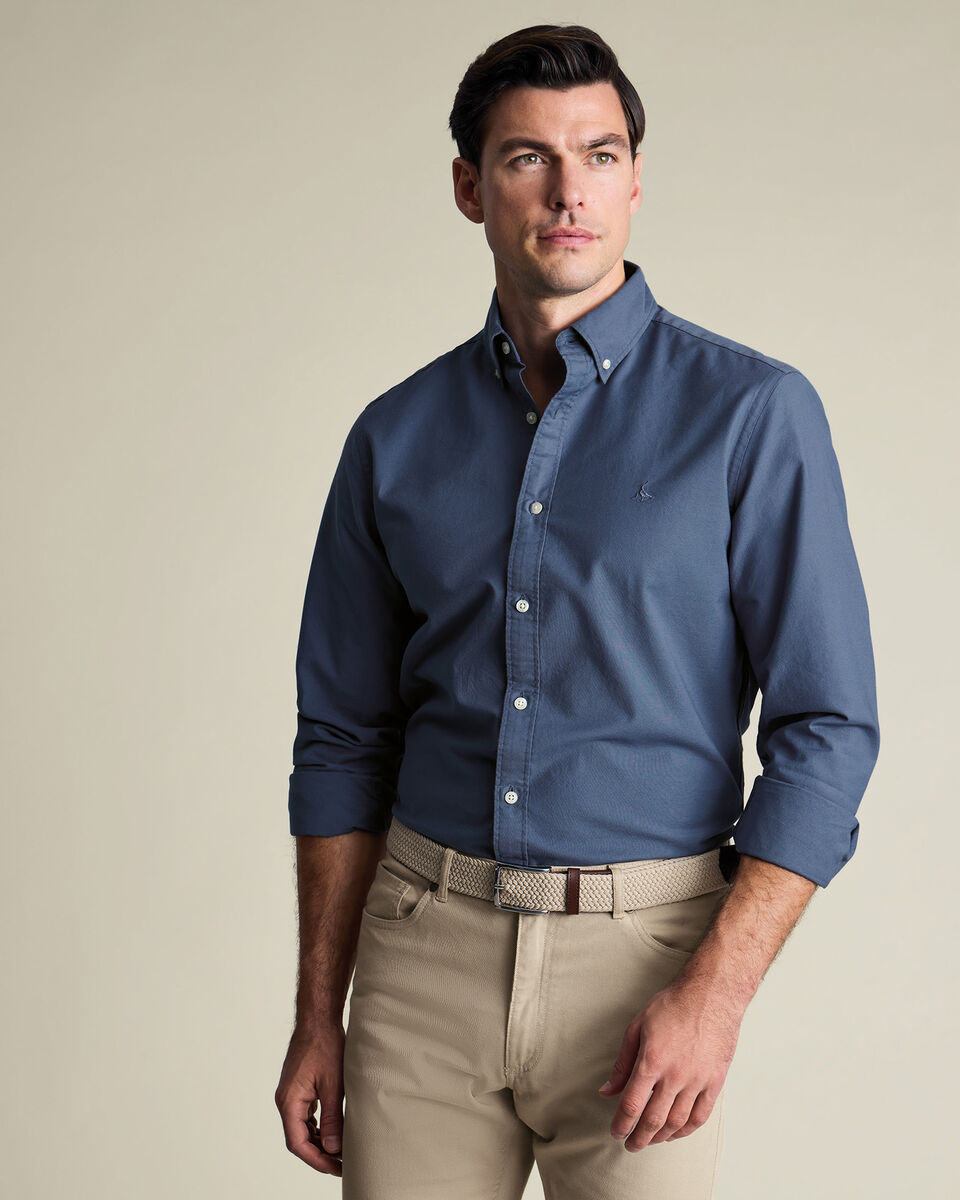 Chemise Oxford délavée extensible - Bleu charron