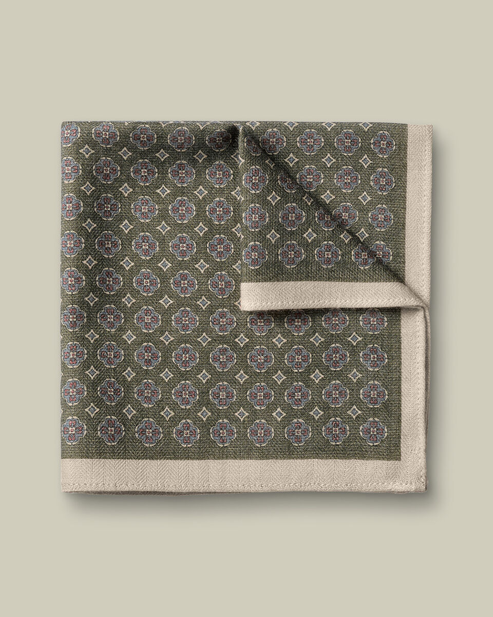 Silk Wool Medallion Print Pocket Square - Olive Green