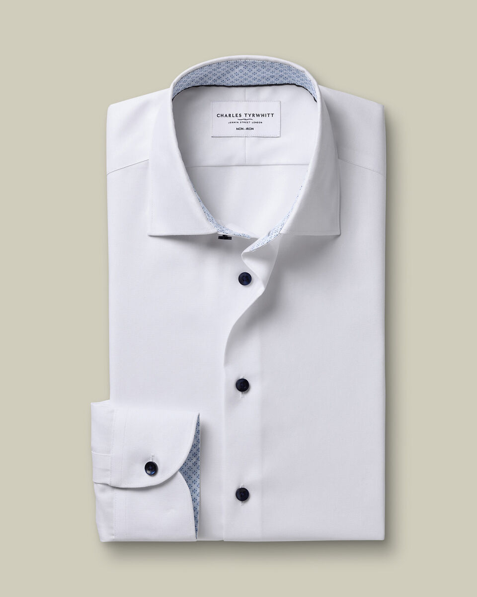 Non-Iron Stretch Printed Trim Shirt - White & Light Blue