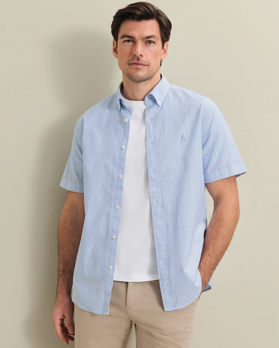 Short Sleeve Button-Down Stretch Washed Oxford Stripe Shirt &ndash; Ocean Blue